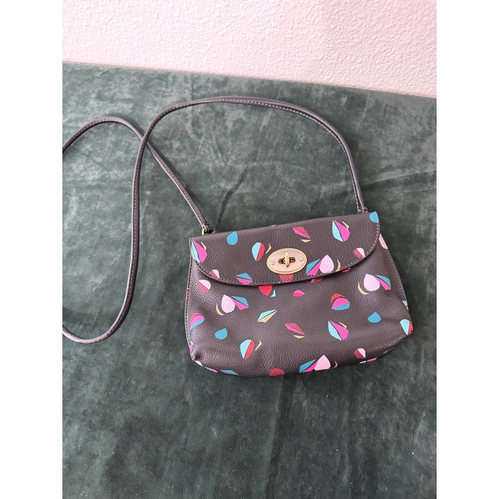 Fossil Crossbody Bag Black Multi Geometric Teardrop Leather Turnlock Travel